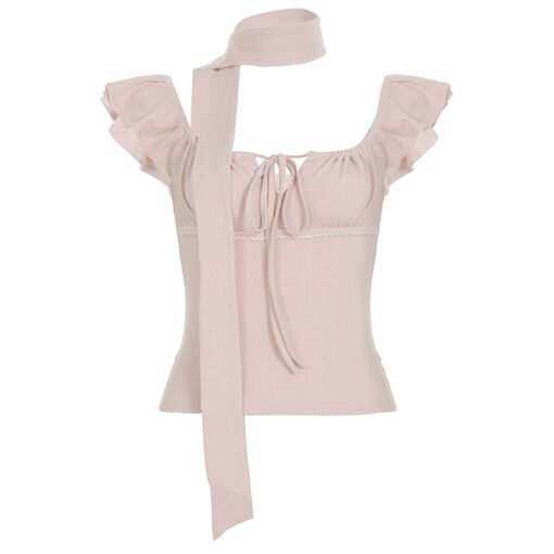 Vapetix S-L  Pink Gentle Small-sleeved Short-sleeved T-shirt Women's French Style Lace Scarf Girly Style Strap T - 图片 7