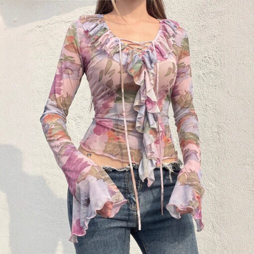 Vapetix S-L  Pastoral Style Flower Long-sleeved T-shirt Women's Foreign Trade New V-neck Strap with Horn Sleeve - 图片 4