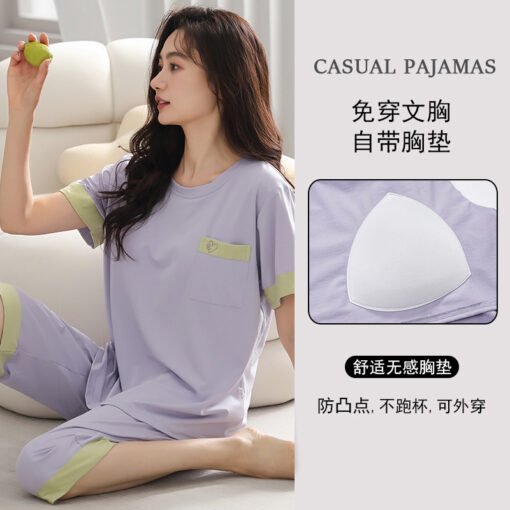 Vapetix M-4XL  Pajamas with Chest Pad Women's Summer Modal Short-sleeved Cropped Pants suit Women's Wear-free Bra - 图片 5