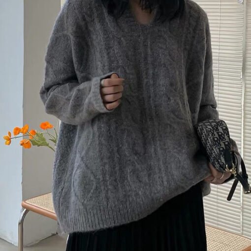 Vapetix One size fits all-One size fits all  2023 Autumn and Winter New Vintage Twist V-Neck Sweater Women's Pullover Outer Wear Loose Lazy Styl - 图片 7
