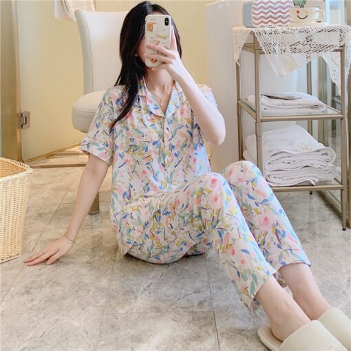 Vapetix L-XXL  Spring and Summer Silk Pajamas Women's Long-sleeved Thin Cotton Silk suit Korean-style Artificial C - 图片 7
