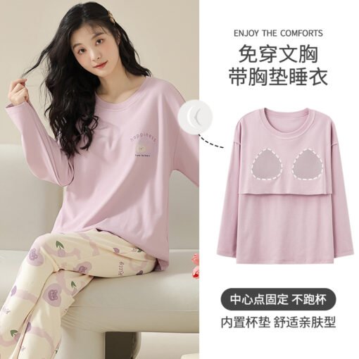 Vapetix M-XXL  Wholesale Pajamas Women with Chest Pad Spring Autumn and Winter Long Sleeve Cotton Round Neck Pullo - 图片 7