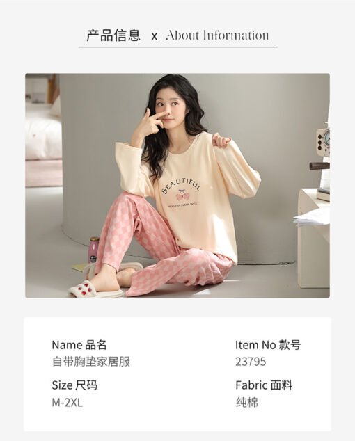 Vapetix M-XXL  Wholesale Pajamas Women with Chest Pad Spring Autumn and Winter Long Sleeve Cotton Round Neck Pullo - 图片 8