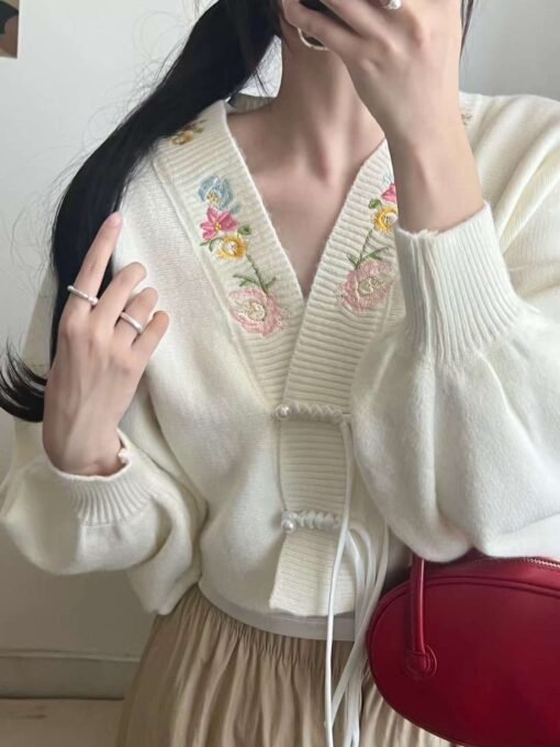 Fall Winter Coat Short Slimming V-neck Vintage Sweater Cardigan For Women - Image 7