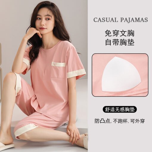 Vapetix M-4XL  Pajamas with Chest Pad Women's Summer Modal Short-sleeved Cropped Pants suit Women's Wear-free Bra - 图片 6