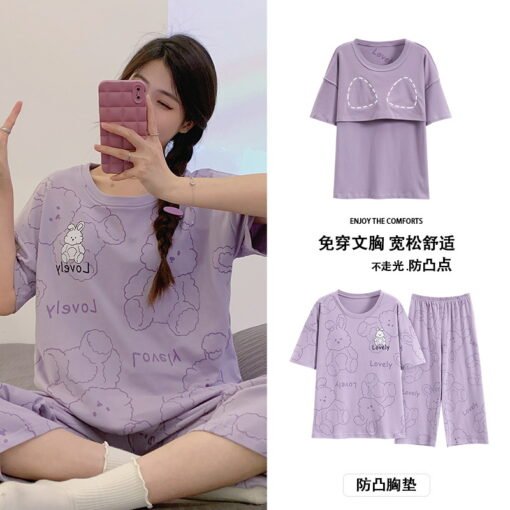 Vapetix M [Suggest 80-100 pounds]-XXL [Recommended 140-160 pounds]  Summer Short-sleeved Cropped Pants with Chest Pad Loose High-grade Cotton Pajamas Sweet Cute Casual - 图片 6