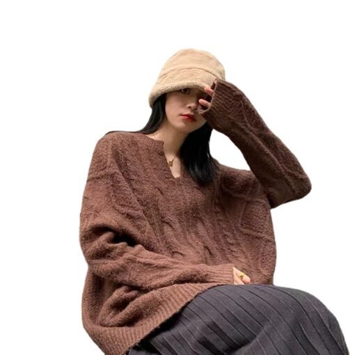 Vapetix One size fits all-One size fits all  2023 Autumn and Winter New Vintage Twist V-Neck Sweater Women's Pullover Outer Wear Loose Lazy Styl - 图片 8