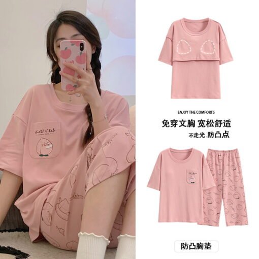 Vapetix M [Suggest 80-100 pounds]-XXL [Recommended 140-160 pounds]  Summer Short-sleeved Cropped Pants with Chest Pad Loose High-grade Cotton Pajamas Sweet Cute Casual - 图片 7