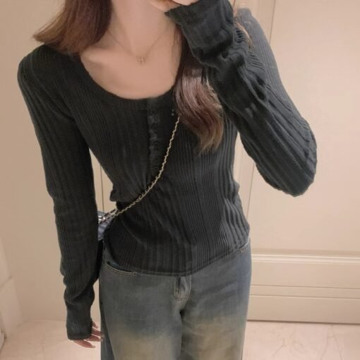 Vapetix S-XL  American-style Half-open Collar Long-sleeved T-shirt Women's Winter New Spice Girls Pure Desire Sty - 图片 6