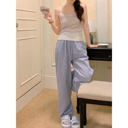 Vapetix 155(S)-170(XL)  South Korea Ins Women's Summer New Two-color Summer Loose High Waist Plaid Sea Salt Cheese Home Clo - Image 8