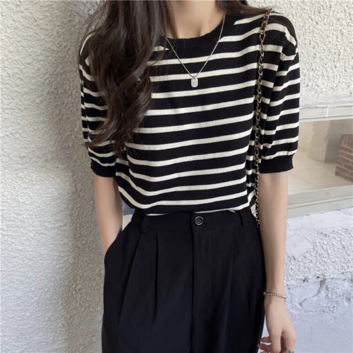 Vapetix One size fits all-One size fits all  Summer New Arrival Sweater Women's Short-sleeved T-shirt 2025 Loose Thin Striped Ice Silk Top Trend - Obrázek 6