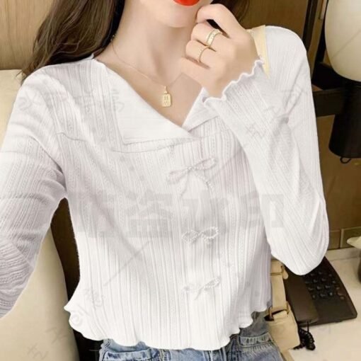 Vapetix ◆ ◇ S [85-95] ◆ ◇-◆ ◇ 2XL [125-135] ◆ ◇  Early Autumn New French Niche Bow Collar Knitted Base Shirt Women's Loose Long-sleeved Shirt Short - Image 4