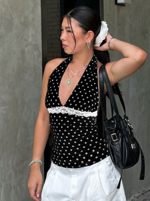 Vapetix S-L  French Style Polo Dot Lace Hanging Neck Vest Women's Outer Wear Summer New Sleeveless Backless Deep - Image 7