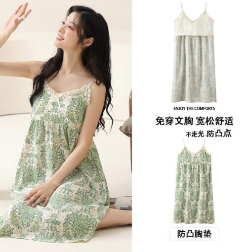 Vapetix M-XXL  Nightgown Women's Summer 2025 New Sweet Pure Style Sexy Strap Skirt Pajamas with Chest Pad Integrat - Image 9