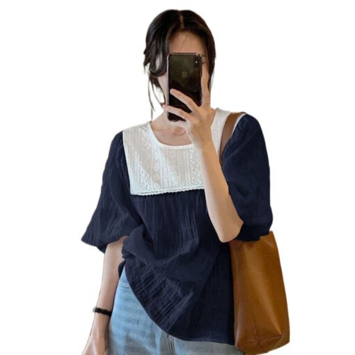 Vapetix ◆ ◇ L recommends 80-115 pounds ◆ ◇-◆ ◇ 4XL recommended 250-300 pounds ◆ ◇  Oversize Women's Chiffon Shirt Lace-Jin Stitching Heavy Industry Design Sense Fat Loose Top Short S - Image 5