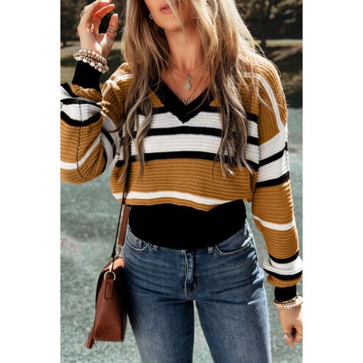 Contrast Color Stripe V-neck Pullover Female Casual Sweater - Image 3