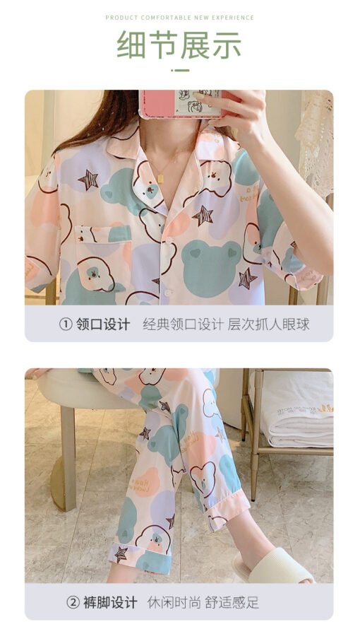 Vapetix L-XXL  Spring and Summer Silk Pajamas Women's Long-sleeved Thin Cotton Silk suit Korean-style Artificial C - 图片 8