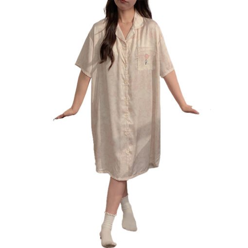 Vapetix M-XXL  Ice Silk Nightgown with Chest Pad Women's Summer Cardigan Mid-length Dress Sexy Pajamas Short-sleev - 图片 8