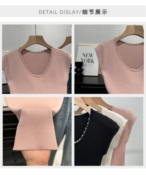 Vapetix One size fits all-One size fits all  Knitwear Vest Vest Women's 2025 Summer Thin Slim-fit Slimming Base Shirt Elegant Beaded Sleeveless - 图片 6