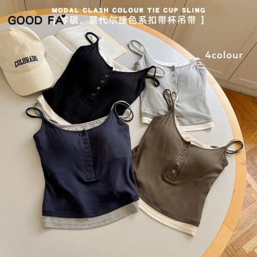 Vapetix One size fits all-One size fits all  Spring and summer 2025 new bottoming shirt modal contrast muse button belt cup fake two-piece camis - 图片 9
