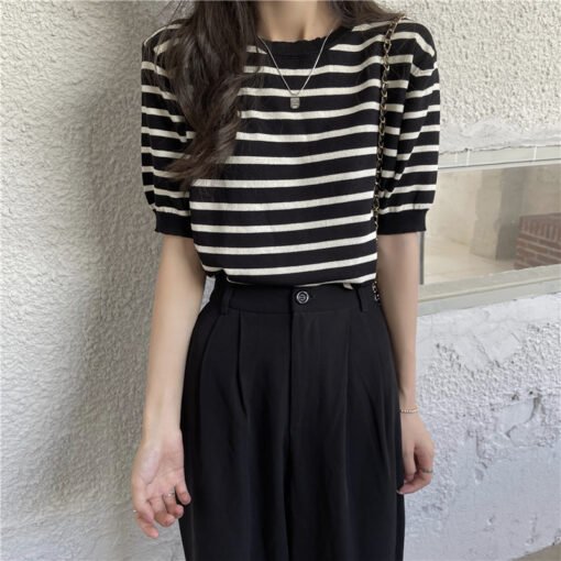 Vapetix One size fits all-One size fits all  Summer New Arrival Sweater Women's Short-sleeved T-shirt 2025 Loose Thin Striped Ice Silk Top Trend - Obrázek 8