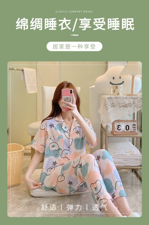 Vapetix L-XXL  Spring and Summer Silk Pajamas Women's Long-sleeved Thin Cotton Silk suit Korean-style Artificial C - 图片 9