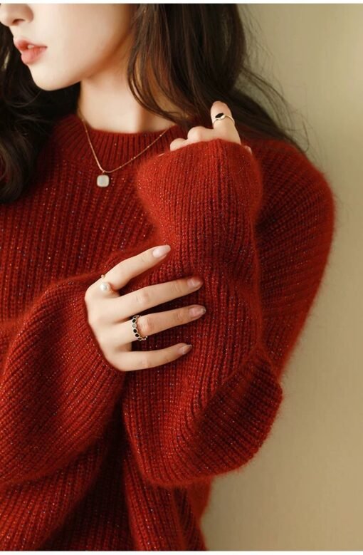 Vapetix Within M-100 pounds-XXL-160 pounds or less  Autumn and Winter New 100 Pure Wool New Year Red Crewneck Women's Base Shirt Loose Lazy Style Brigh - 图片 9