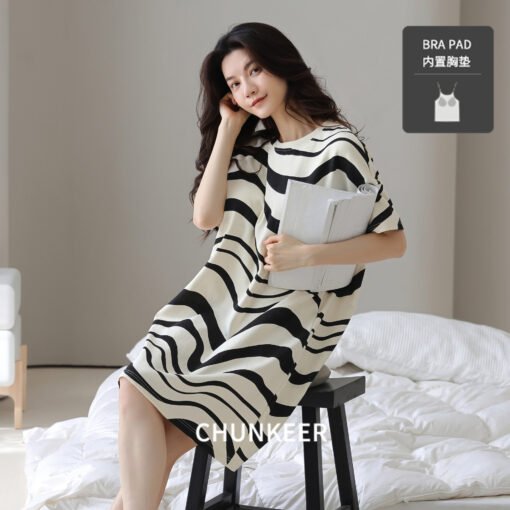 Vapetix M-XXL  Women's Summer Short-sleeved Crewneck Nightdress with Chest Pad New Arrival Striped Cartoon dress O - 图片 9