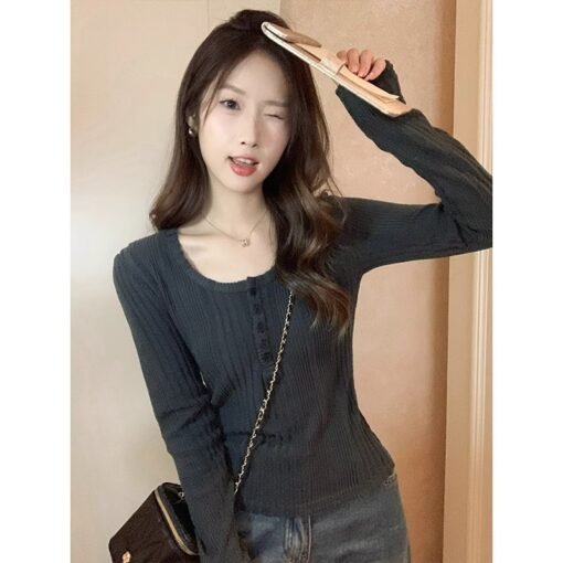 Vapetix S-XL  American-style Half-open Collar Long-sleeved T-shirt Women's Winter New Spice Girls Pure Desire Sty - 图片 7