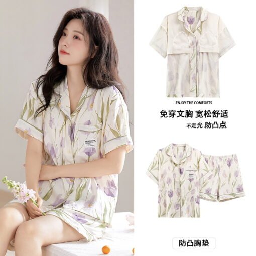 Vapetix M-XXL  Pajamas Women's Summer New Cardigan Clouds Cotton Short-sleeved Shorts with Chest Pad Sweet Cute In - 图片 6