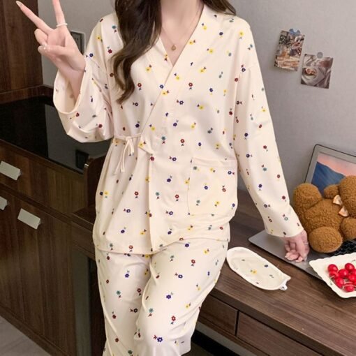 Vapetix M-XXL  Spring and Autumn Pajamas Women's Internet-famous Full-length Flower Kimono Cardigan Long-sleeved T - 图片 6