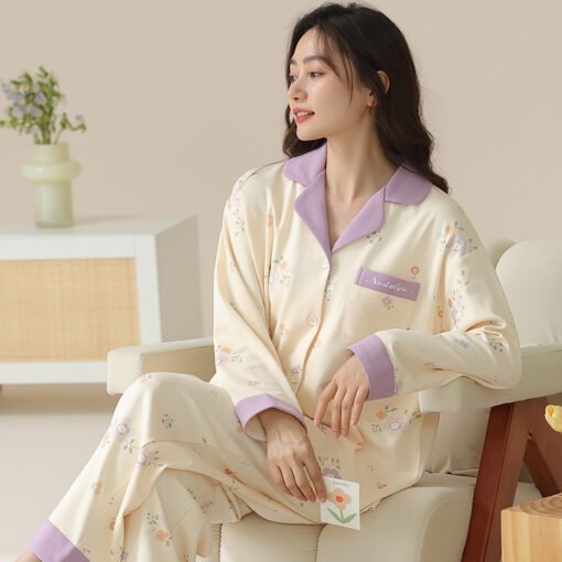 Vapetix M-XXXL  New Pajamas Women's Autumn and Winter Long-sleeved Trousers suit CVC6040 Cotton Women's Lapel Cardi - 图片 8