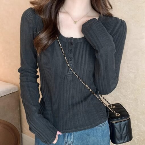 Vapetix S-XL  American-style Half-open Collar Long-sleeved T-shirt Women's Winter New Spice Girls Pure Desire Sty - 图片 8