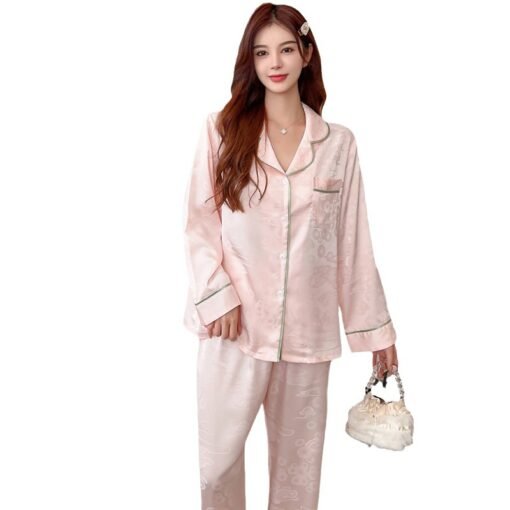 Vapetix M-XL  Spring and Autumn Ice Silk Pajamas Women's High-end Long-sleeved Pants Two-piece Suit Wearing Jacqu - Image 8