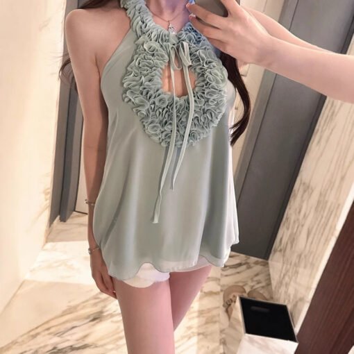 Vapetix S-L  [Mint Green Tie] 2025ss Spring and Summer New Handmade Flower Lace-up Neck Loose Elegant Sleeveless - 图片 6
