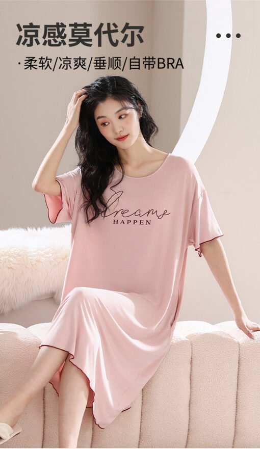 Vapetix M-XXL  Women's Summer Modal Thin Short-sleeved Sweet Cute Student Anti-bump Nightdress with Chest Pad - 图片 7