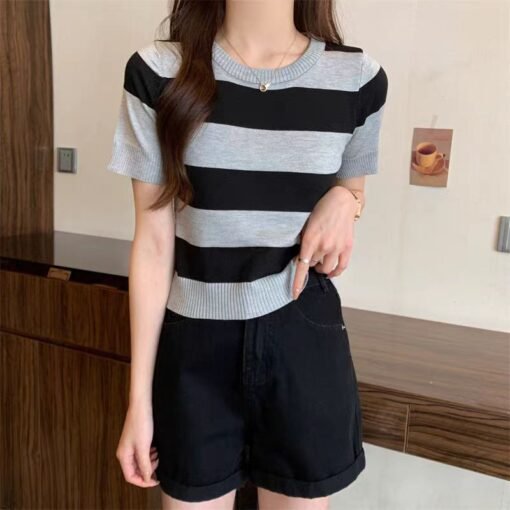Summer New Striped Short Sleeve Women Slim Fit Slimming Top - Image 8