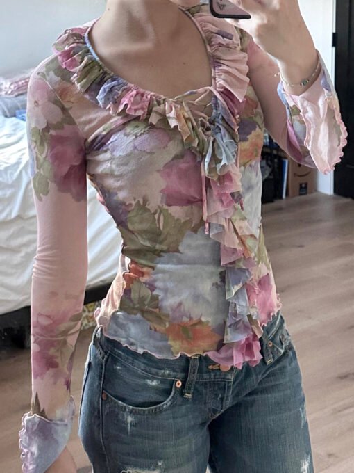 Vapetix S-L  Pastoral Style Flower Long-sleeved T-shirt Women's Foreign Trade New V-neck Strap with Horn Sleeve - 图片 7