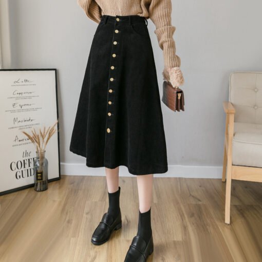 Corduroy Retro Fashion A- Line Dress Midi Skirt - Image 4