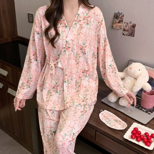 Vapetix M-XXL  Spring and Autumn Pajamas Women's Internet-famous Full-length Flower Kimono Cardigan Long-sleeved T - 图片 9