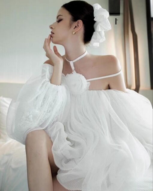 Vapetix S-L  2025ss Vietnam Niche OI @ Stereo Flower Off-shoulder Loose dress Mesh Tutu Dress Flower Bud Dress - 图片 8