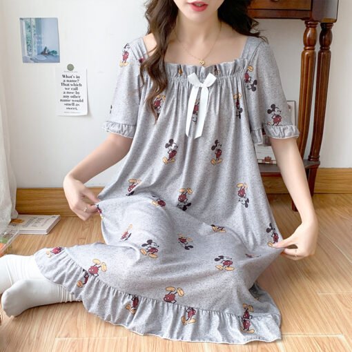 Vapetix M-5XL  Japanese Mickey Ice Silk Thread Pajamas Women's Summer Short-sleeved Loose Long Nightgown Plus Size - 图片 8