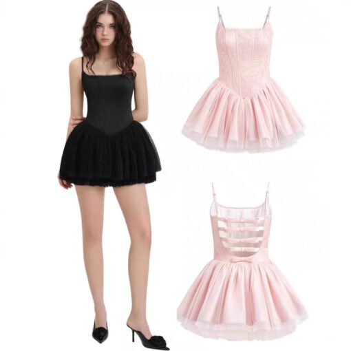 Vapetix S-L  Vietnam Niche Spice Girls Same Style Pink Black Strap Backless Bow Lace Large Swing Jumpsuit 2025ss - 图片 8