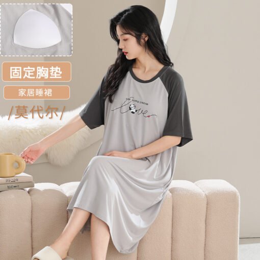 Vapetix M-XXL  Women's Summer Modal Thin Short-sleeved Sweet Cute Student Anti-bump Nightdress with Chest Pad - 图片 8