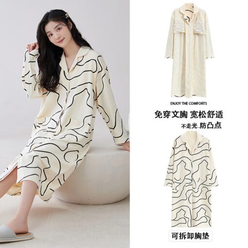 Vapetix M-XXL  Shirt Nightdress Women with Chest Pad Spring and Autumn Long Sleeve Cotton Korean Style Cardigan Au - 图片 8