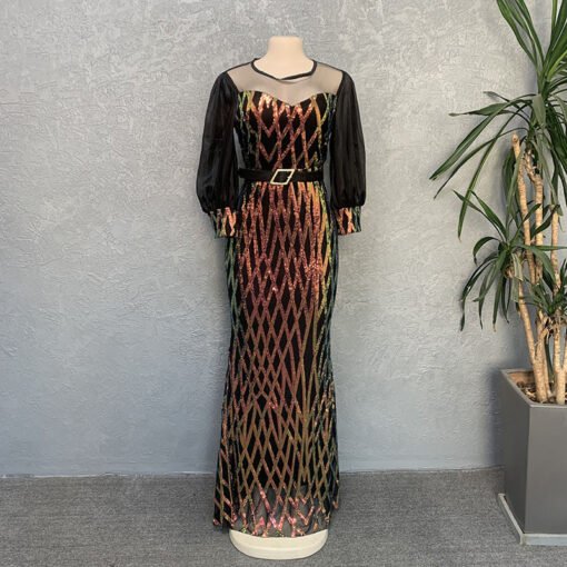Vapetix L-XXXL  European, American and African Fashion Women's Sequin Mesh Evening Dress Slim-fit Long Dress for Cr - 图片 9