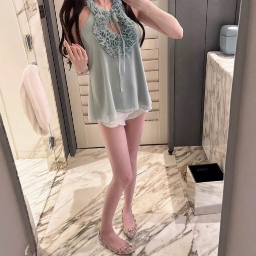 Vapetix S-L  [Mint Green Tie] 2025ss Spring and Summer New Handmade Flower Lace-up Neck Loose Elegant Sleeveless - 图片 7