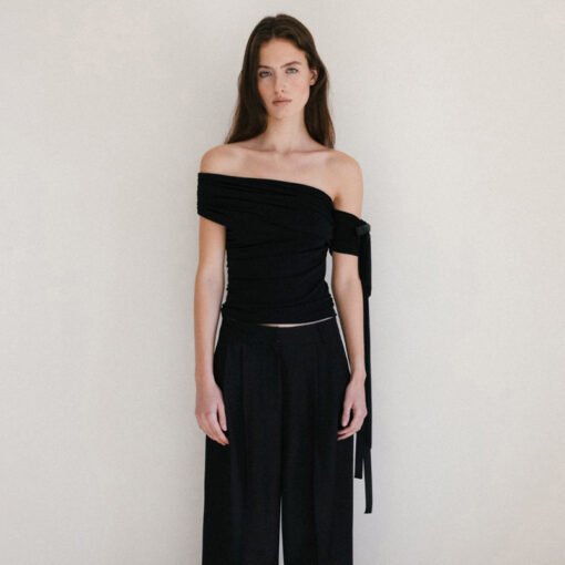 Vapetix S-L  Oblique Shoulder Strap Design Knitted Slim Top Temperament Royal Sister Shoulder Pleated Pure Short - Image 9