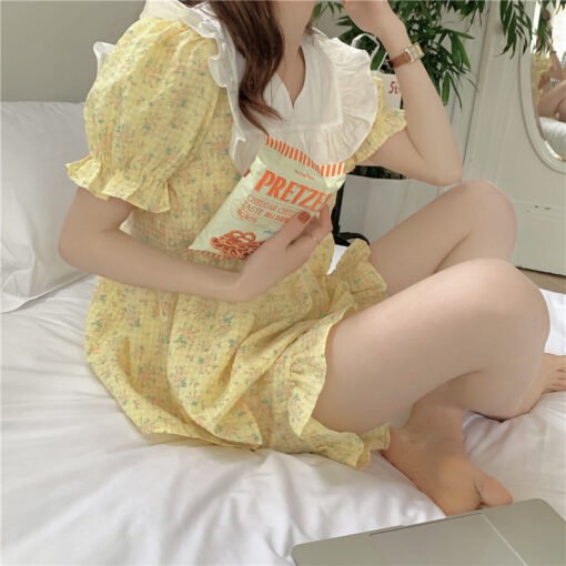 Vapetix One size fits all-One size fits all  South Korea foreign trade ladies ins new plaid floral color matching V-neck pajamas short sleeve ho - Image 8