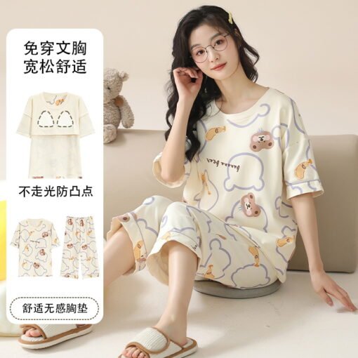 Vapetix M-XXXL  Chest Pad Pajamas Women's Summer Short-sleeved Capri Pants suit Home Clothes Student Thin Cartoon C - 图片 9